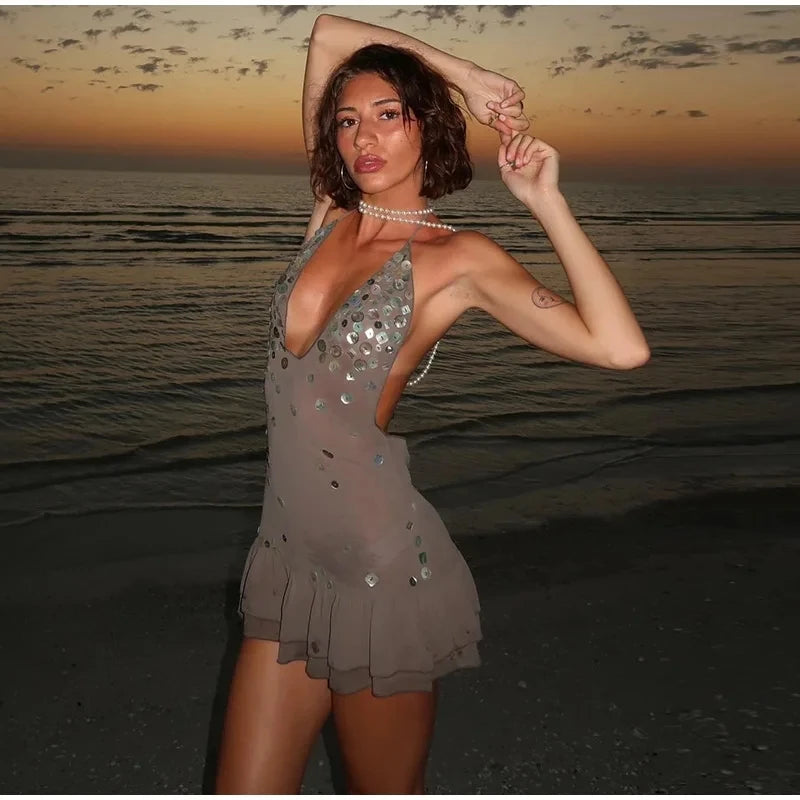 Women's Halter Sequin Ruffled Mini Dress™ V-neck Sleeveless Lace Up Backless Pleated Dresses