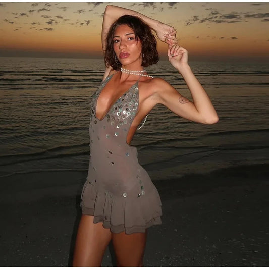 Women's Halter Sequin Ruffled Mini Dress™ V-neck Sleeveless Lace Up Backless Pleated Dresses