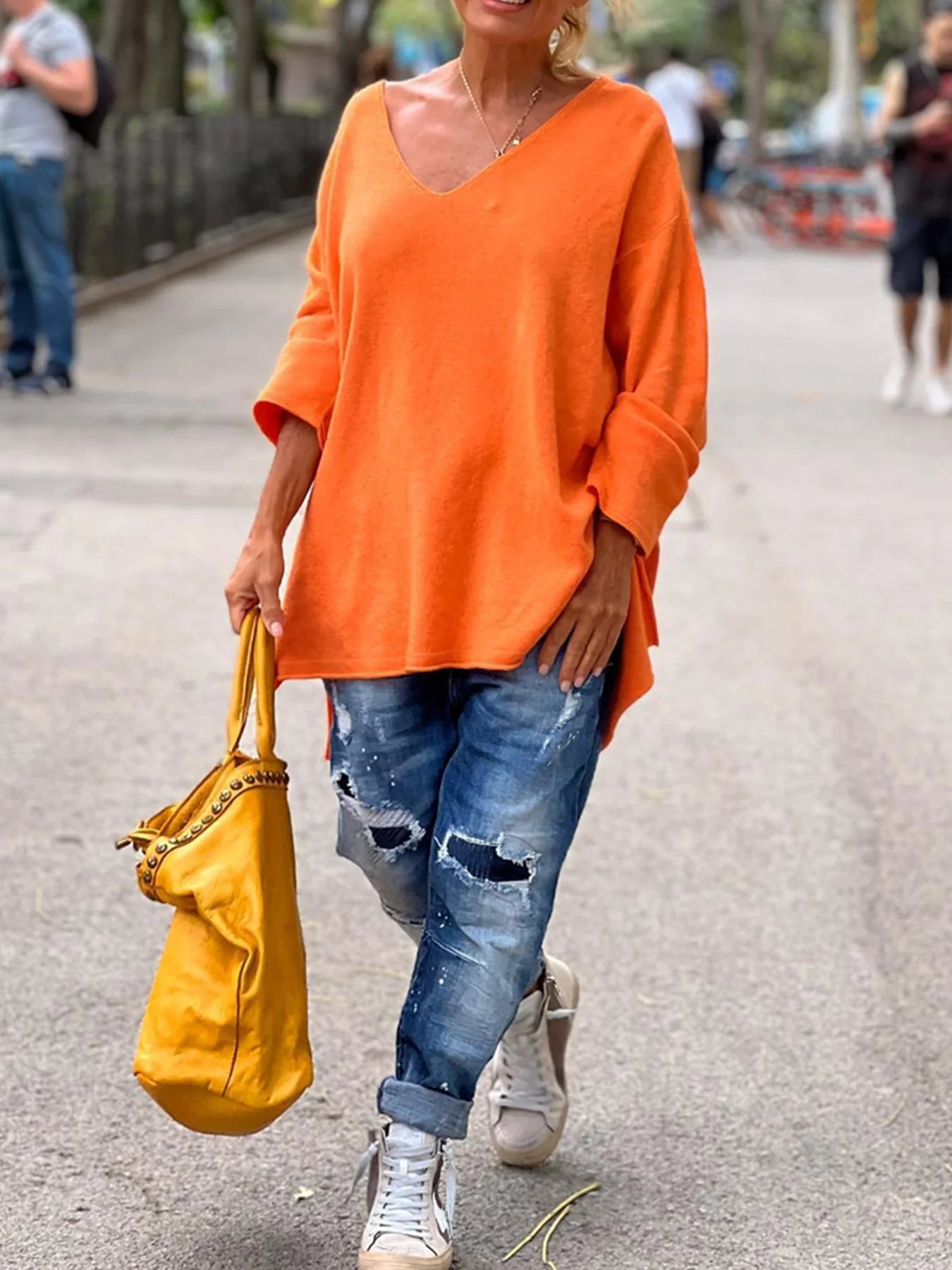 Women's Dipped Hem Sweater™ V Neck Knit Long Sleeve Oversized Loose Sweater