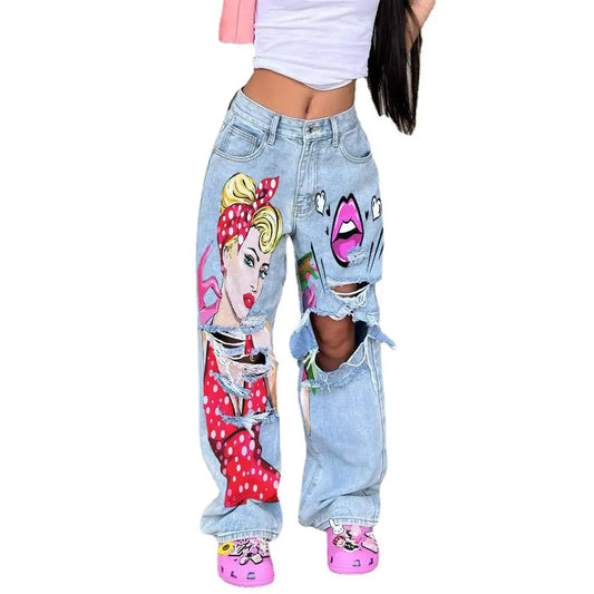 Women's Vintage High-Waisted Wide-Leg Jeans™ Printed Hollow Straight-Leg Trousers