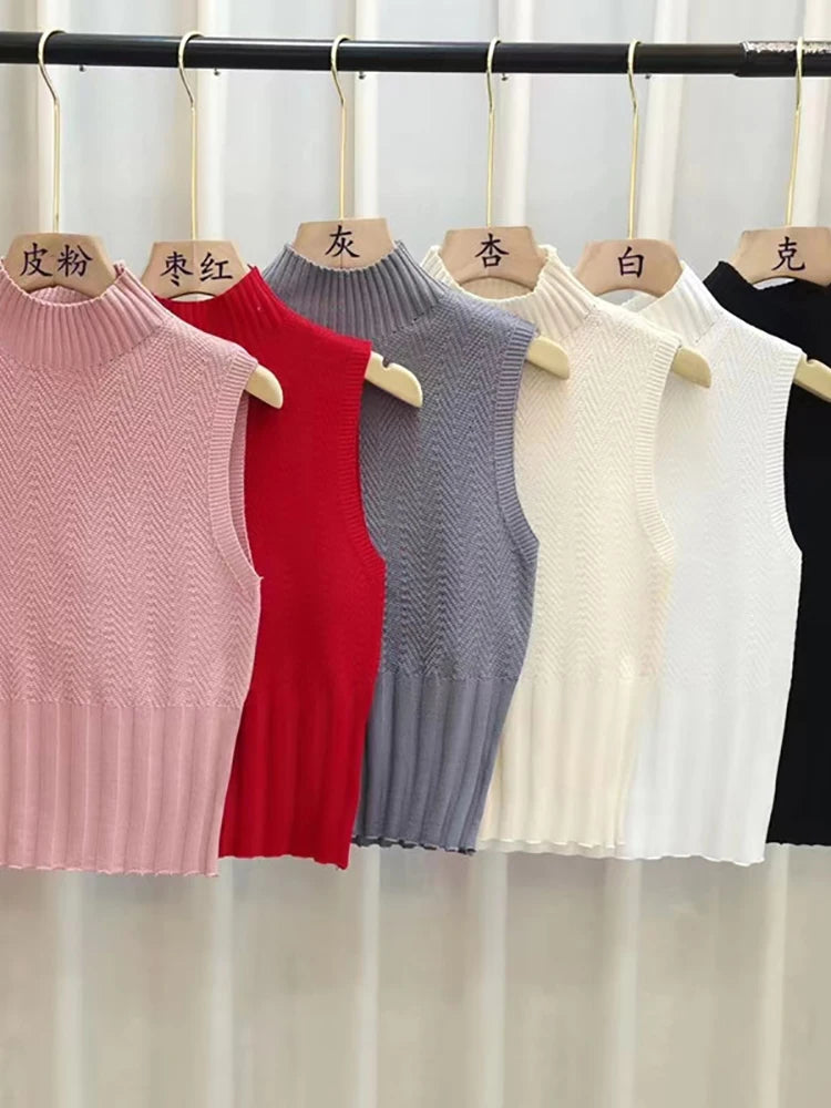 Women's HELIAR Summer Knitted Tank Tops™ Solid Sleeveless Half High Collar Slim Base T-Shirts