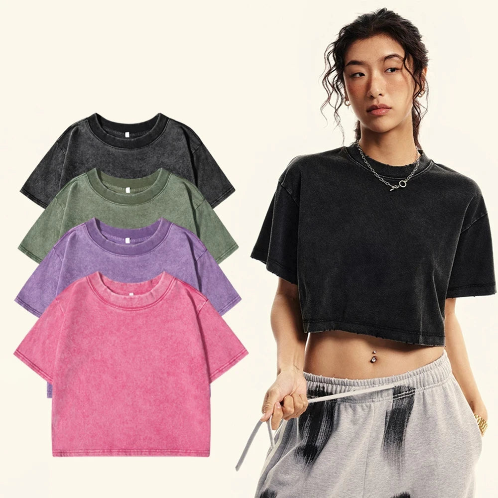 Women's Short Washed T-Shirts™ Soft Cotton Short Sleeve Retro Crop Tees