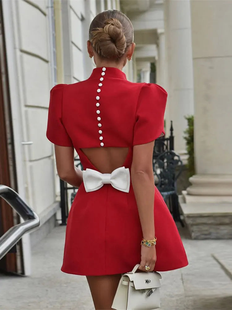 Women's Backless Bow Mini Dress™ Half High Collar Short Sleeve A Line Dress