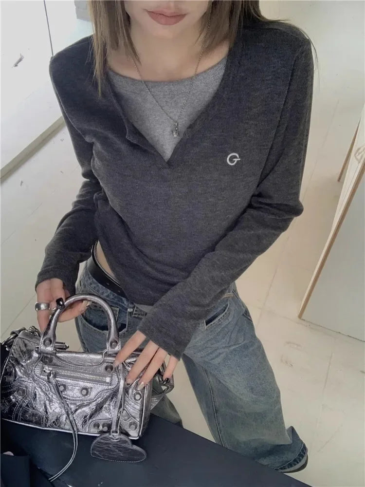 Women's T-Shirt™ Long Sleeves Korean Fashion Style O-neck Fake two items T-shirt
