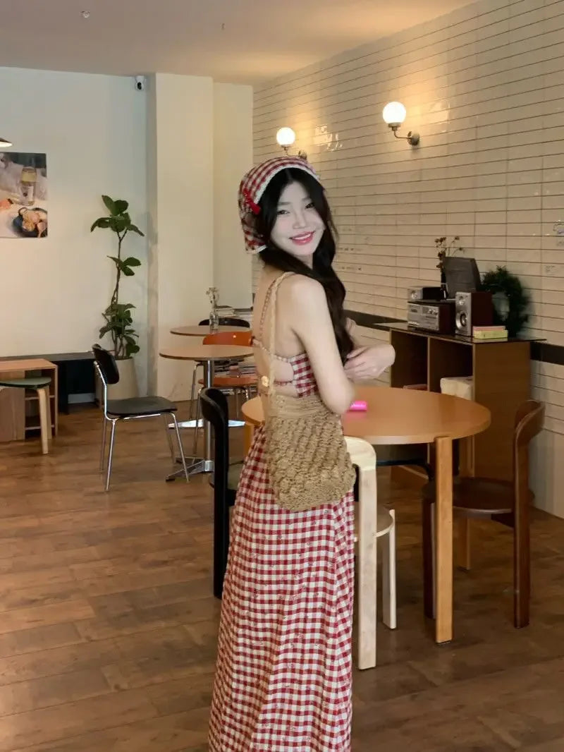 Women's Red Plaid Strapless Slim Fit Summer Dress™ French Style Backless Long Dress