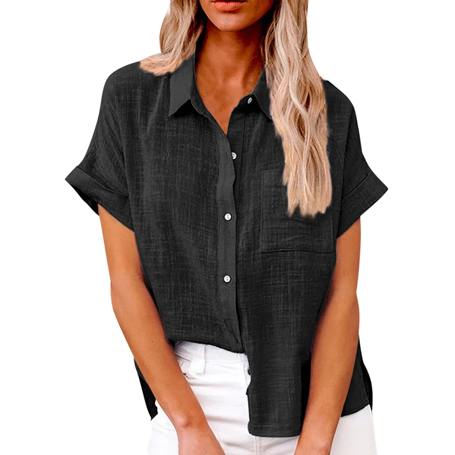 Women's  Cotton Linen Classic Shirts™ Short Sleeve Lapel Button Down Shirt