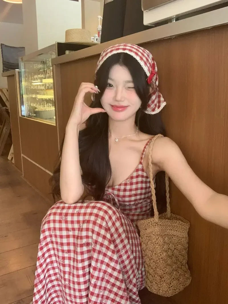 Women's Red Plaid Strapless Slim Fit Summer Dress™ French Style Backless Long Dress