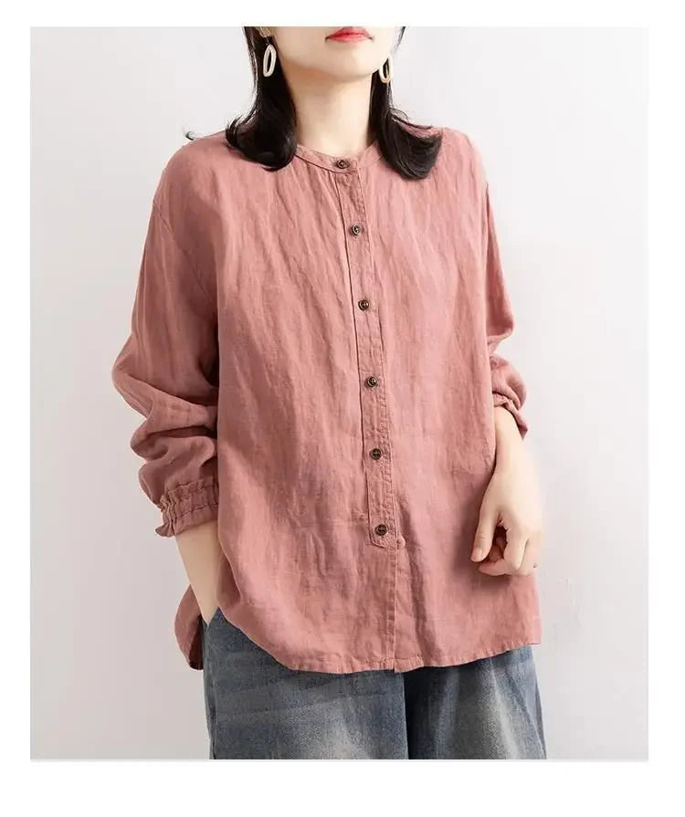 Women's Cotton Linen Shirts™ Loose Fit Round Neck Plus Lantern Sleeve Shirt