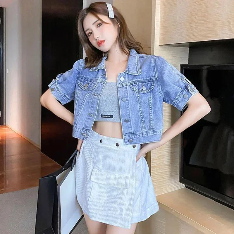 Women's Denim Summer Jacket™ Cropped Loose Short Sleeve Turn Down Collar Outerwear