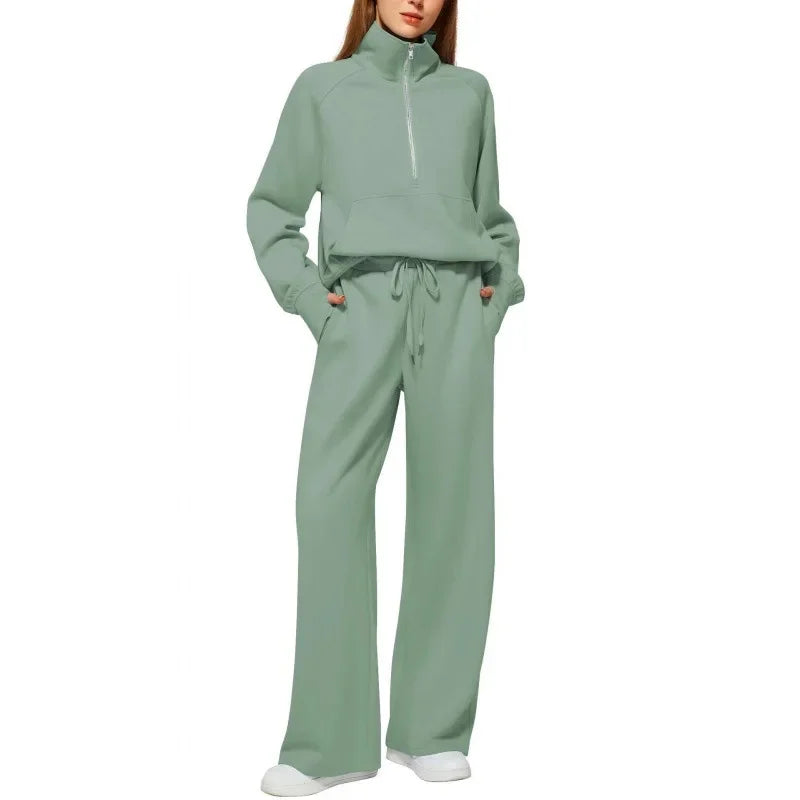 Women's European Style 2-Piece Set™ Zip Up Polo Shirt Wide Leg Sweatpants Casual Suit