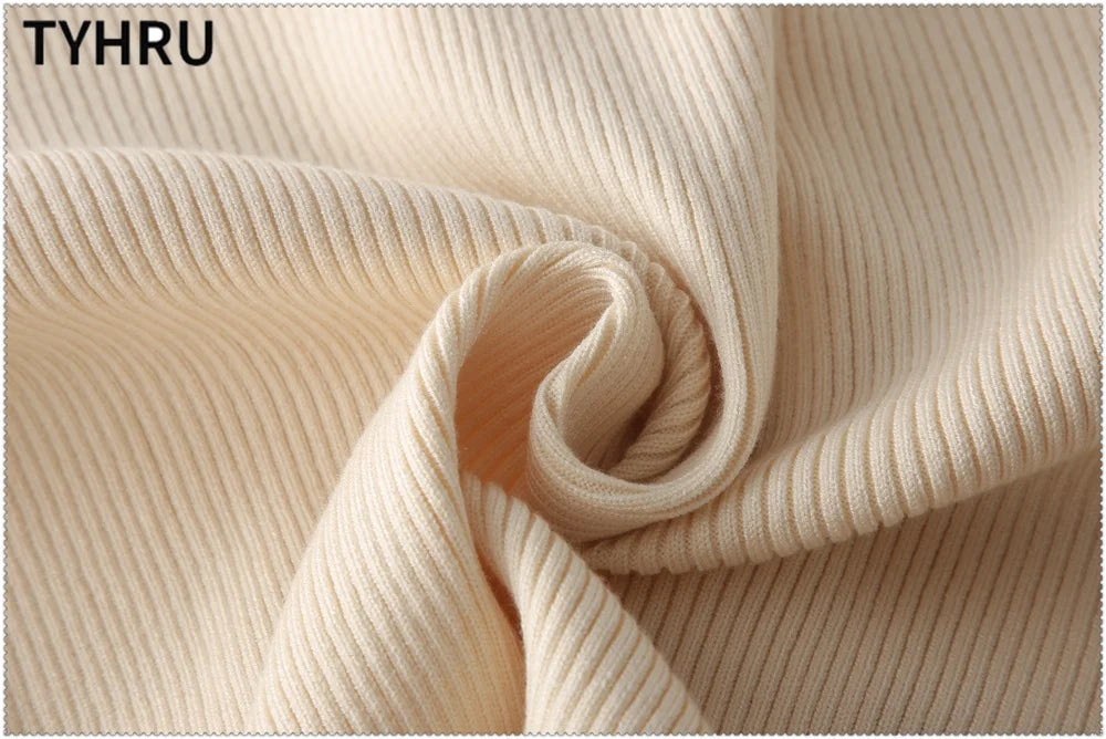 Women's tracksuit™ TYHRU Autumn Winter Knitted Striped Turtleneck Sweater and Elastic Trousers Set