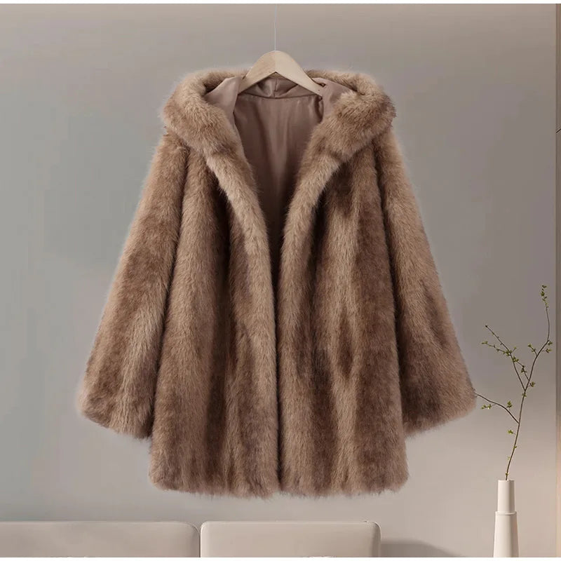 Women's Brown Faux Fur Hooded Coat™  Women Fluffy Loose Long Sleeve Furry Thick Warm Jacket