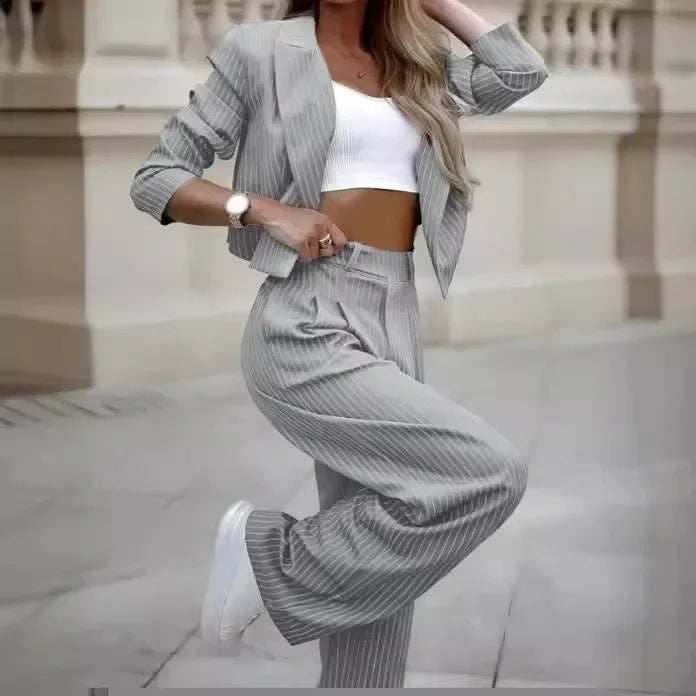 Women's Suit™  Europe and America Temperament Casual Striped Short Style Collar Suit Straight Leg Pants Set