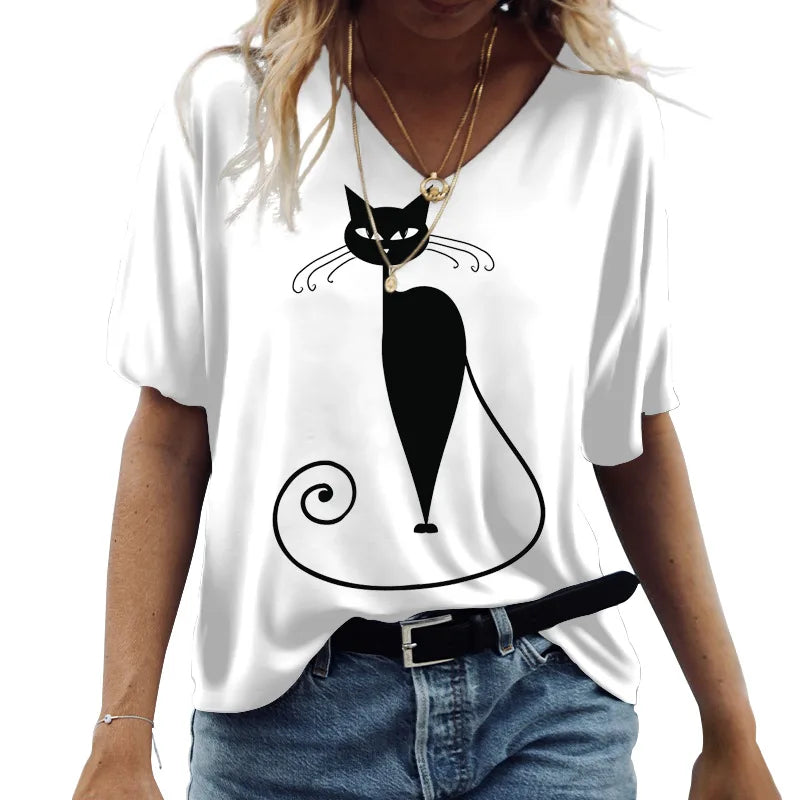 Women's Cartoon Cat Print T-shirt™ Summer Short Sleeve V-Neck Kawaii Fashion Tees