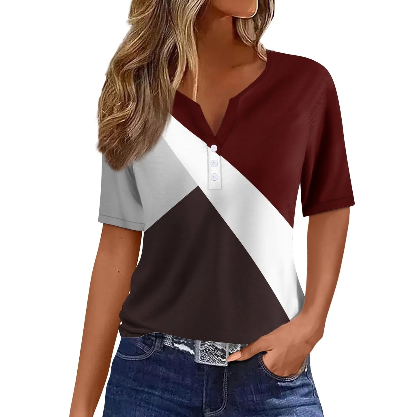 Women's Summer Patchwork T-Shirts™ Short Sleeve Loose Ladies V-Neck Tops