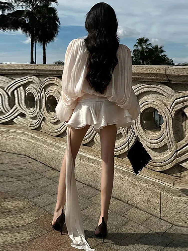 Women's Flounce Dress™ Loose V Neck Lace Up Hollow Out Lantern Sleeves Dress