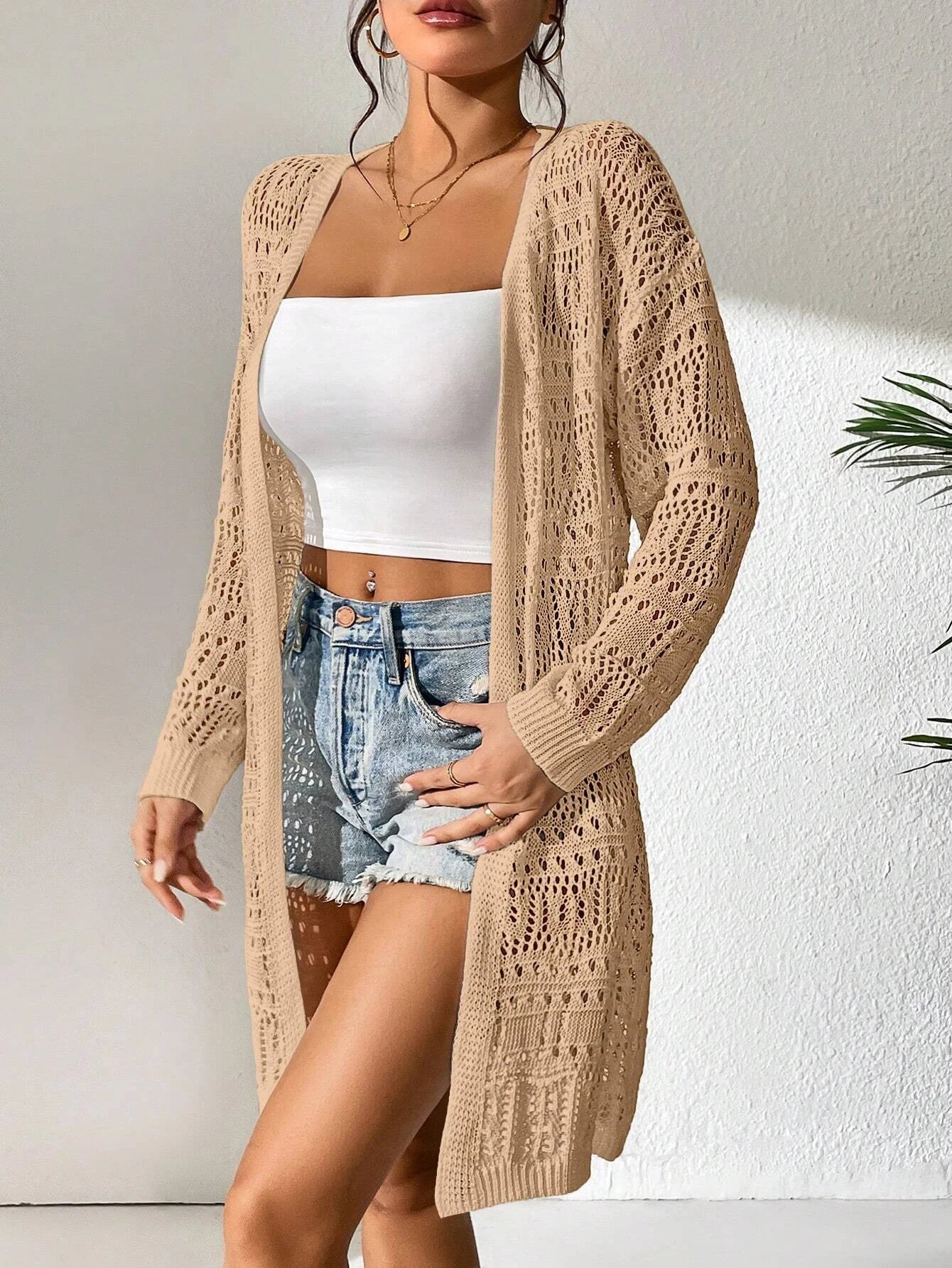 Women's solid color knitted cardigan sweater™ loose fitting fashion mid length cardigan