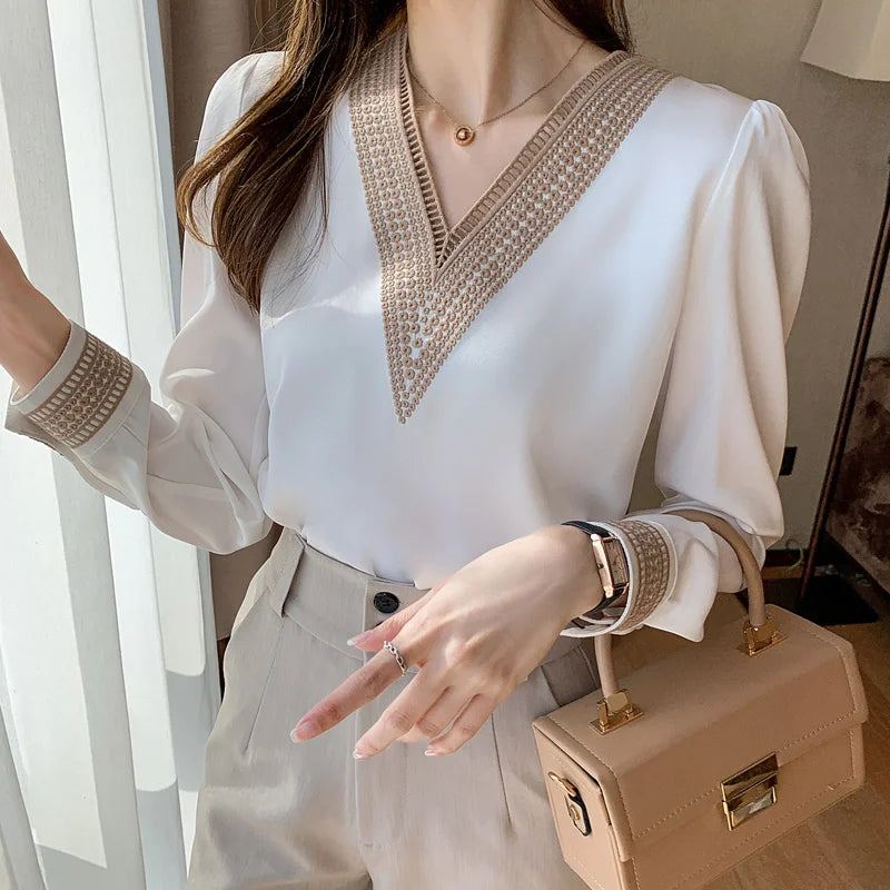 Women's Elegant Chiffon Shirt™ White V Neck Casual Loose Long Sleeve T-shirt