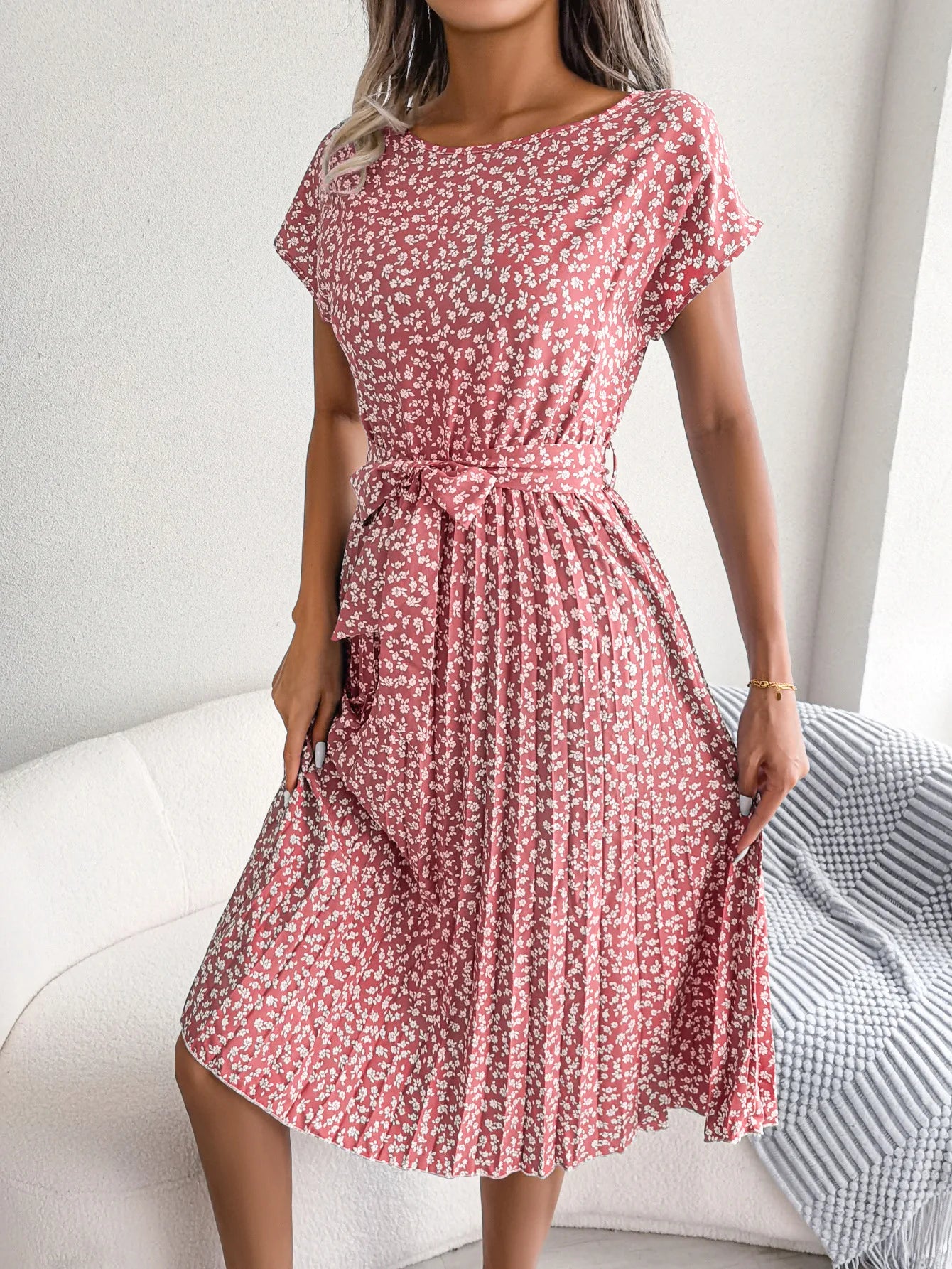 Women Dresses™ Spring Summer Short Sleeve High Waist Floral Pleated A Line Long Dress