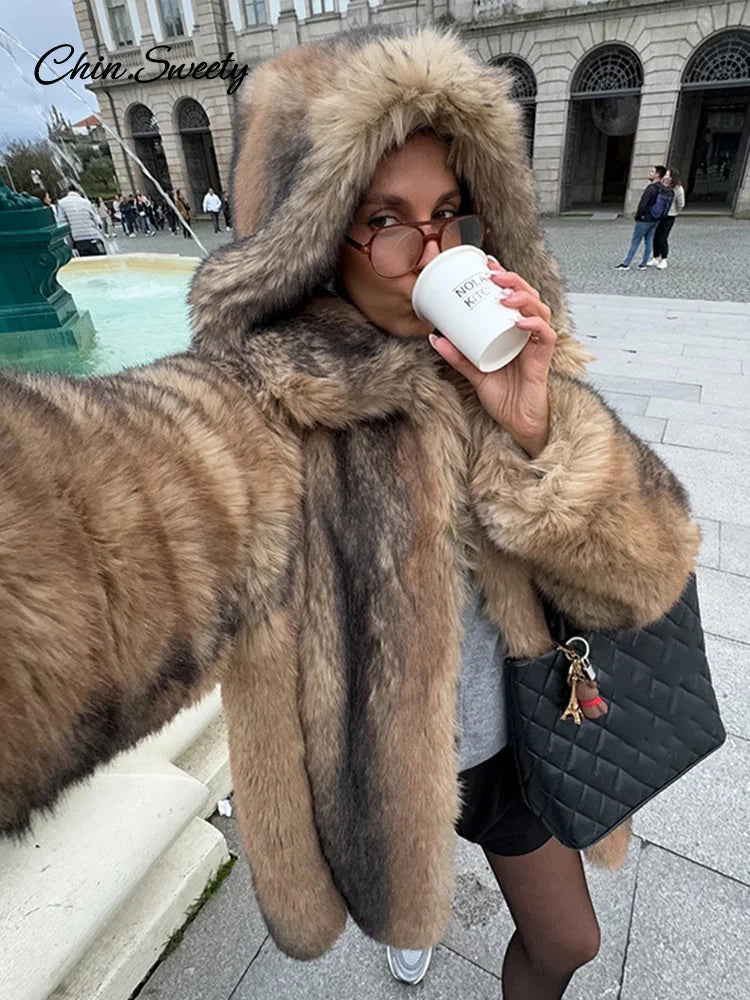 Women's Brown Faux Fur Hooded Coat™  Women Fluffy Loose Long Sleeve Furry Thick Warm Jacket