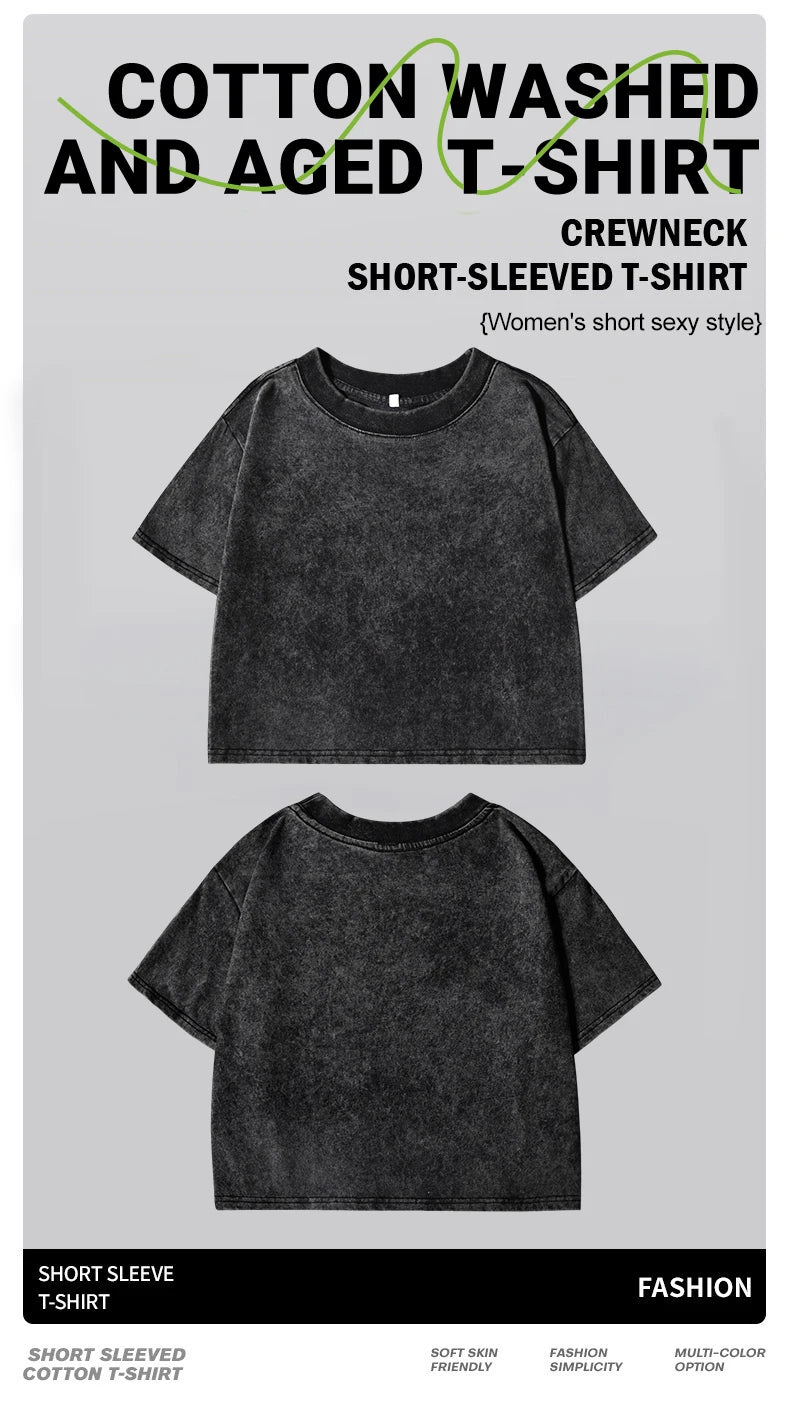 Women's Cotton Crop Washed T-Shirts™ Vintage League Letter Prints Short Sleeve Loose Tops