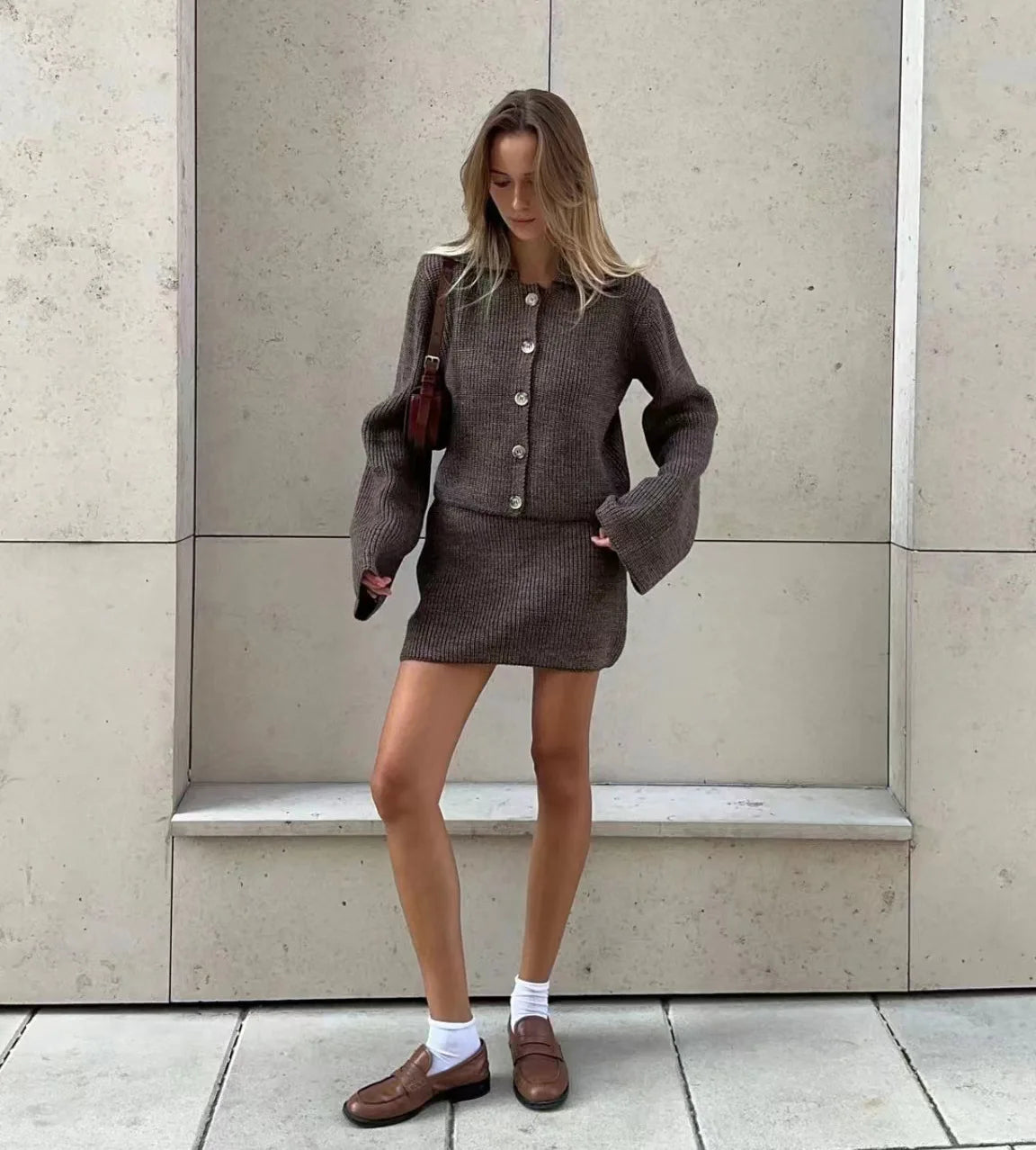 Women's Knitted Shirt and Skirt Set™ Long Sleeve Single Breasted Turn-Down Collar Shirt & Mini Skirt Cardigan Suits