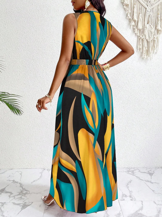 Women's Print V-Neck Long Dress™ Knit Fit And Flare Maxi Dress