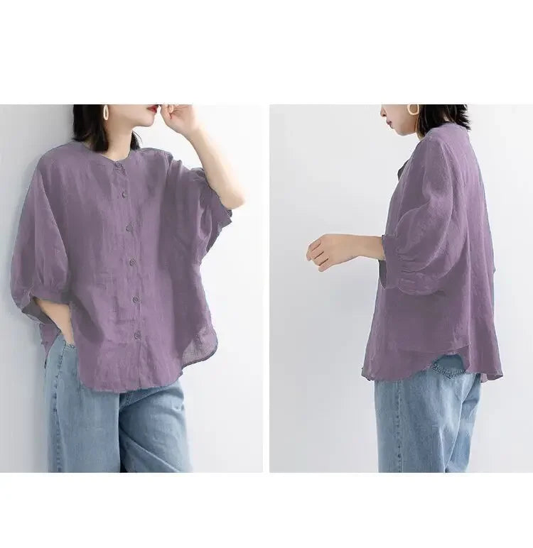 Women's Cotton Linen Shirts™ Loose Fit Round Neck Plus Lantern Sleeve Shirt