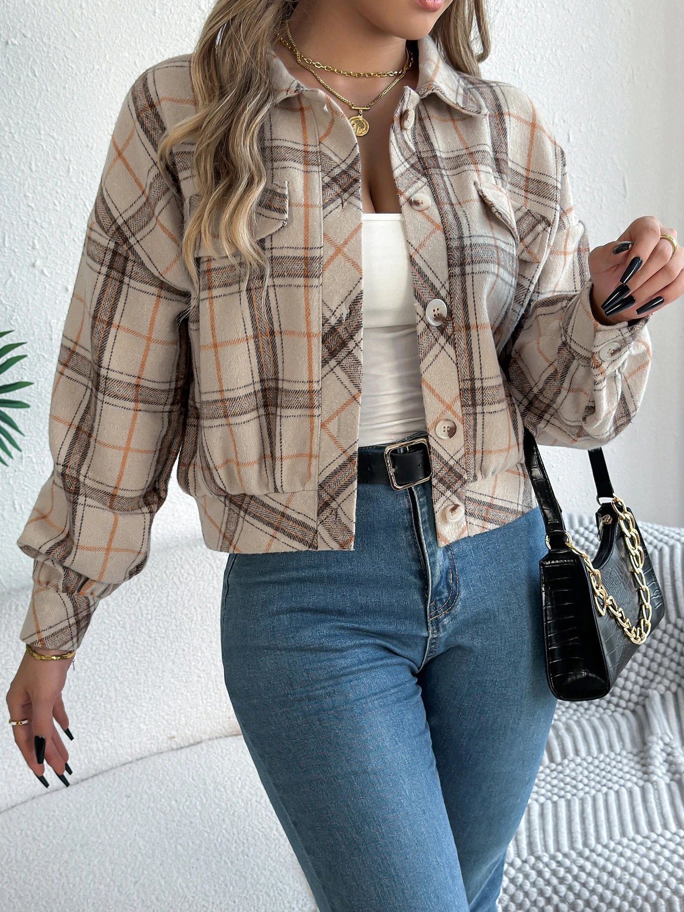 Women's Plaid Short Coat™ Lantern Long Sleeve Turn-Down Collar Button Woolen Jacket