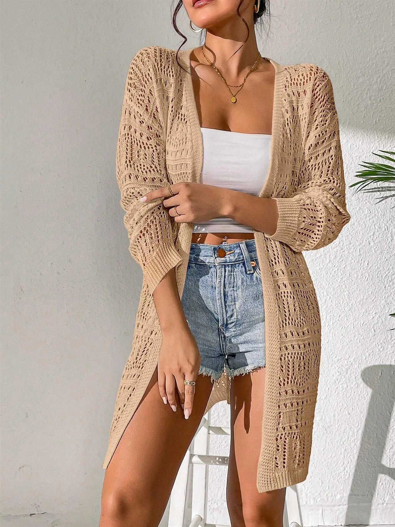 Women's solid color knitted cardigan sweater™ loose fitting fashion mid length cardigan