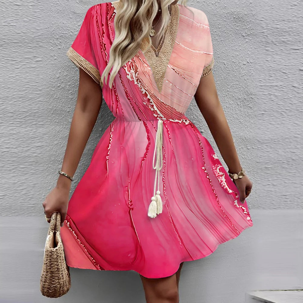 Women's Medium Length Dress™ Bat Sleeves  V-Neck Waist Wrap Lace Dress
