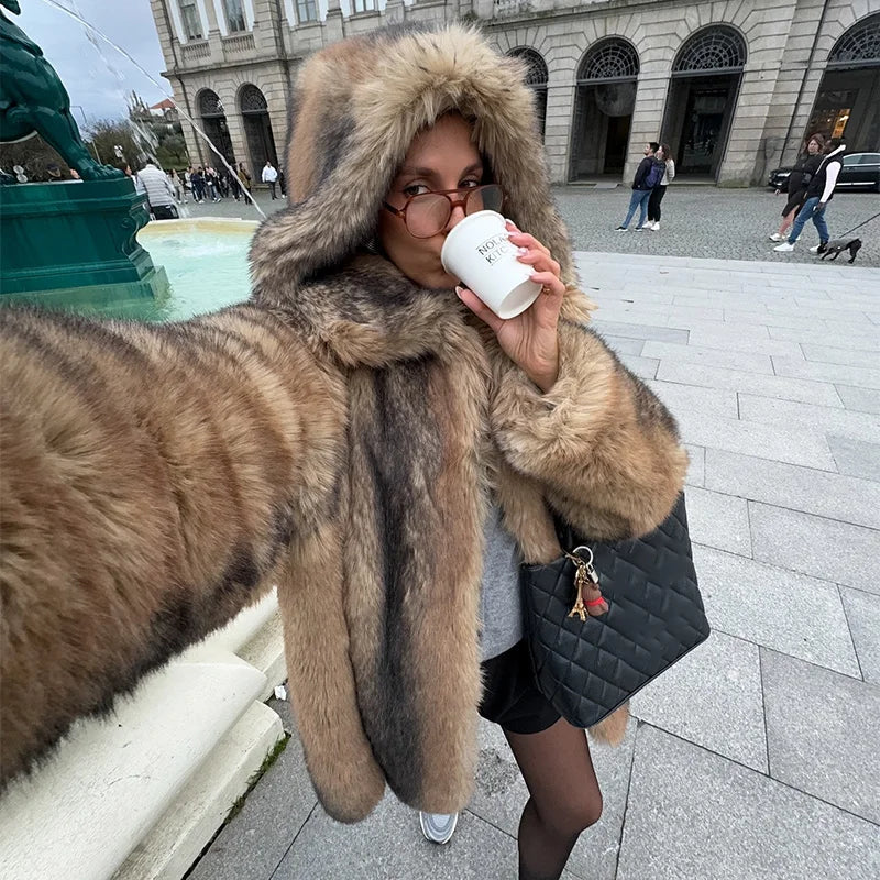 Women's Brown Faux Fur Hooded Coat™  Women Fluffy Loose Long Sleeve Furry Thick Warm Jacket