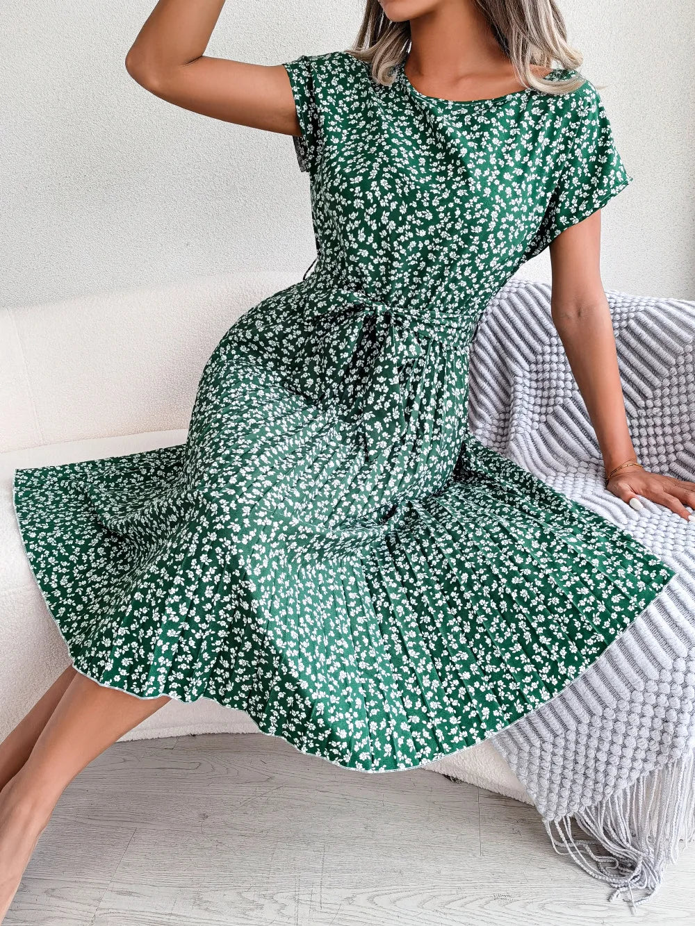 Women Dresses™ Spring Summer Short Sleeve High Waist Floral Pleated A Line Long Dress