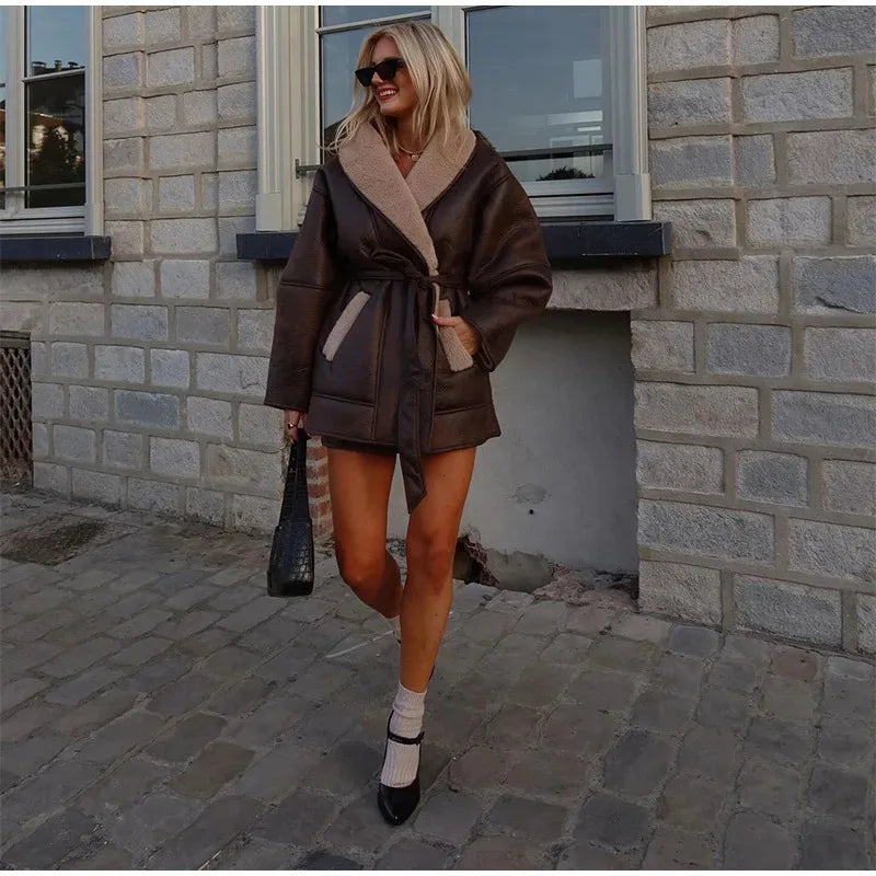 Women's Sheepskin Neck Spliced Faux Leather Coat™ With Belt Fashion Loose Lapel Pocket Overcoat Winter Warm Thicken Streetwear