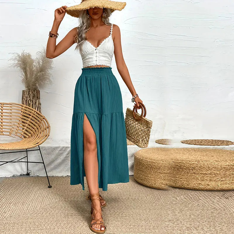 Women Bohemian Midi Skirt™ High Waist Solid A Line Ruffle Side Slit Skirts