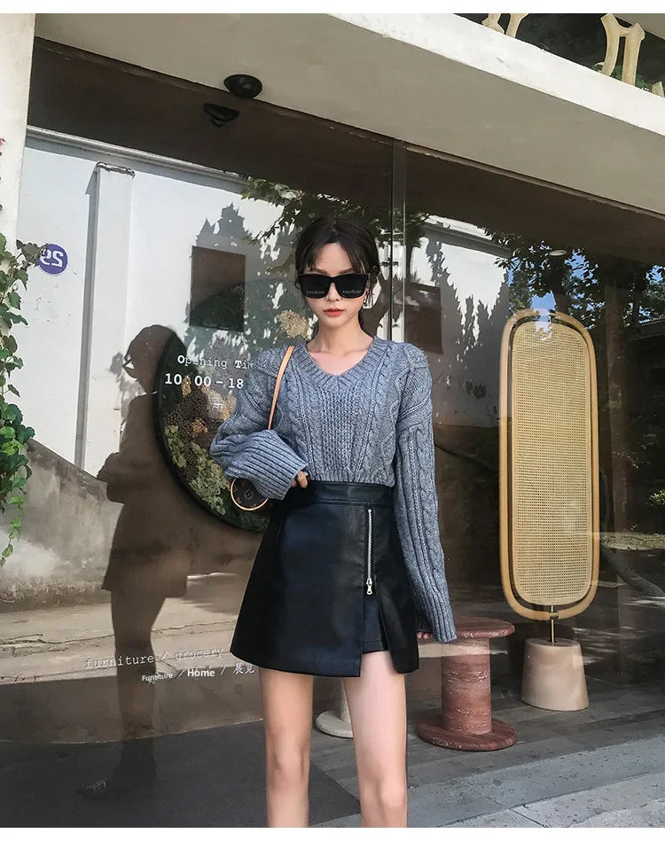 Women's Mini Dress™ Fashionable Zippered Pu Leather Slimming High-waisted A- line Skirt