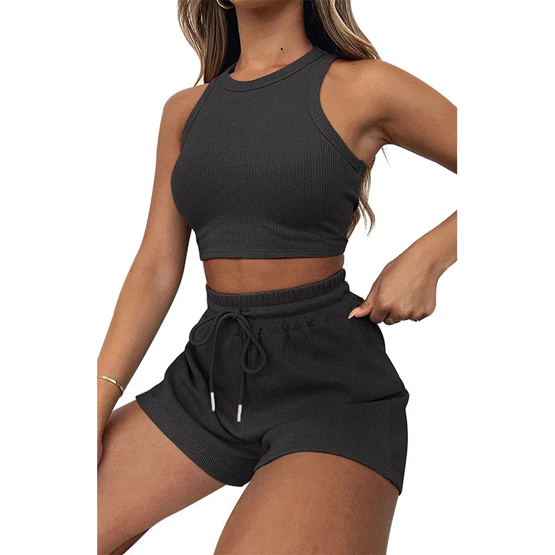 Women's Solid Waffle Textured Shorts Set™ Breathable O-Neck Crop Tank Top & Drawstring Shorts Set