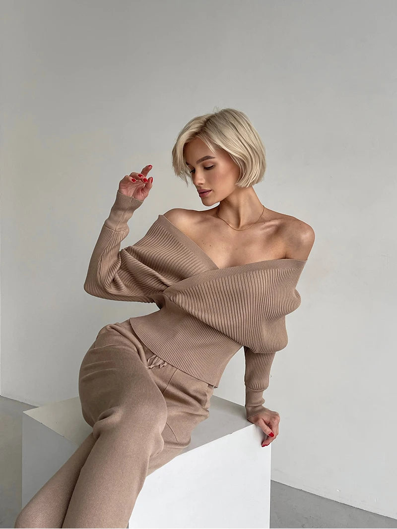 Women's Knitted Tracksuit™ Off Shoulder Knitted Long Sleeve Sweater  and Pants Suits