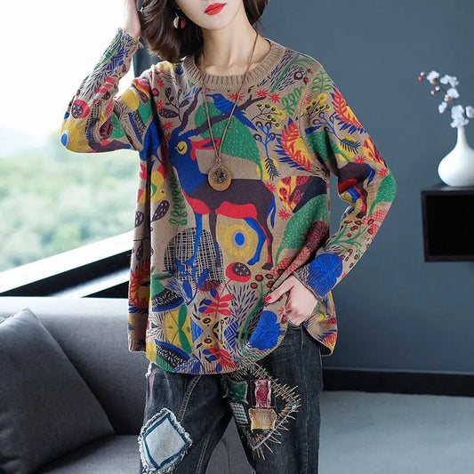 Women's O-Neck Abstract Printed Jumpers™ Loose Patchwork Vintage Long Sleeve Knitted Sweaters