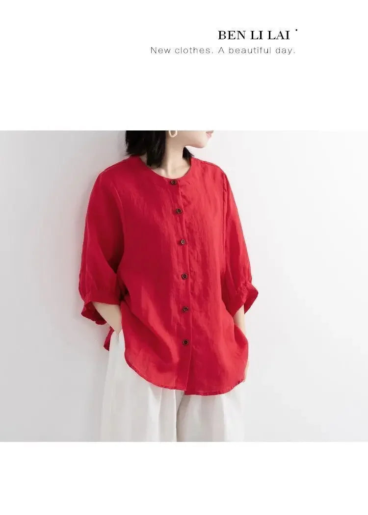 Women's Cotton Linen Shirts™ Loose Fit Round Neck Plus Lantern Sleeve Shirt