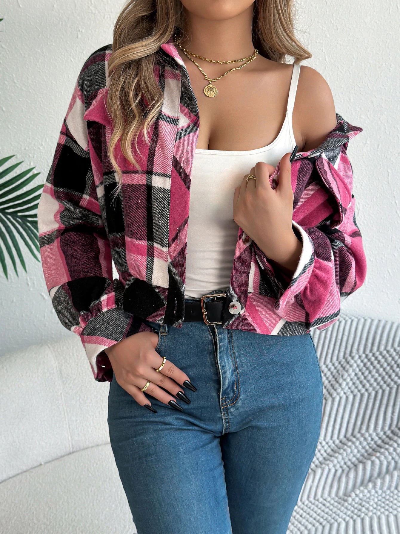 Women's Plaid Short Coat™ Lantern Long Sleeve Turn-Down Collar Button Woolen Jacket
