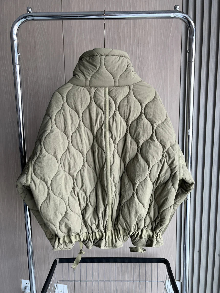 Women's Quilted Coat™ drawstring ties high neck pocket clip cotton jacket for women