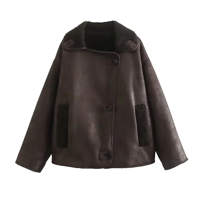 Women's Single Breasted Lapel Fleece Leather Jacket™ Long Sleeved With Pocket Warm Thick Coat