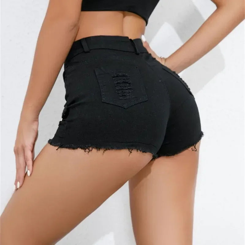 Women's Denim Shorts™ High Waist Broken Holes Patchwork Tassel Ultra-Short Pants