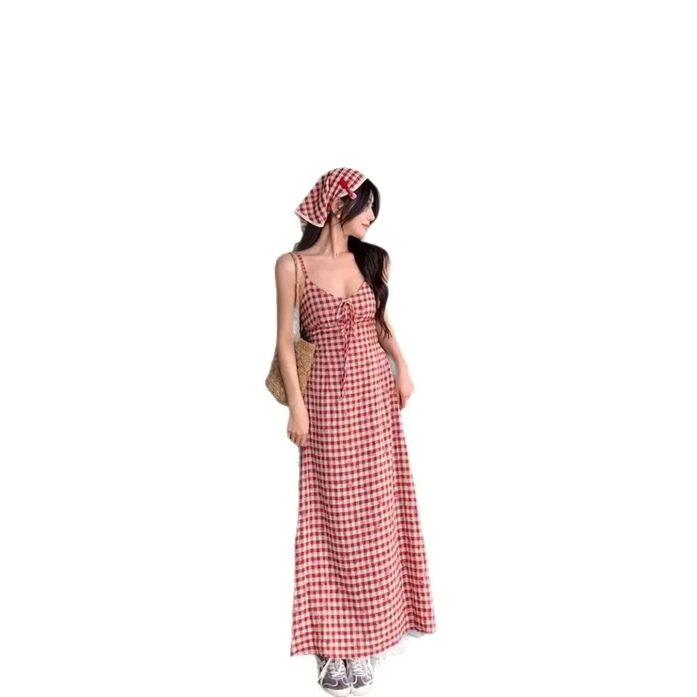 Women's Red Plaid Strapless Slim Fit Summer Dress™ French Style Backless Long Dress