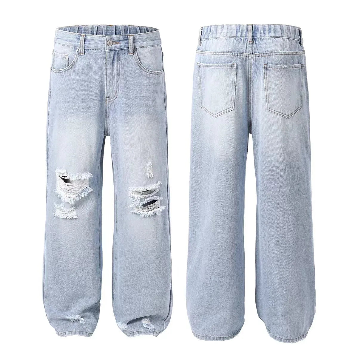 Women's light blue denim jeans™ ripped wide leg loose comfortable slimming all-match out jeans
