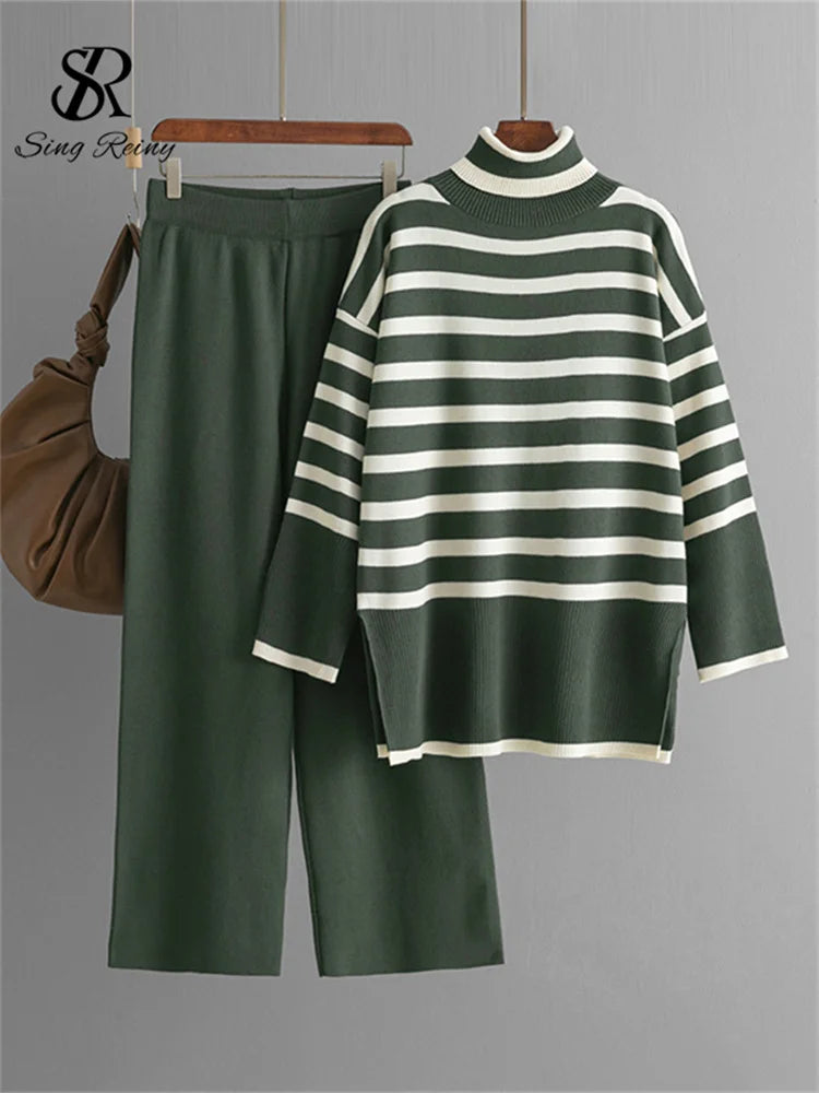 Women's Suits™ SINGREINY Striped Turtleneck Sweater High Waist Wide Leg Pants Knitted Loose Suits