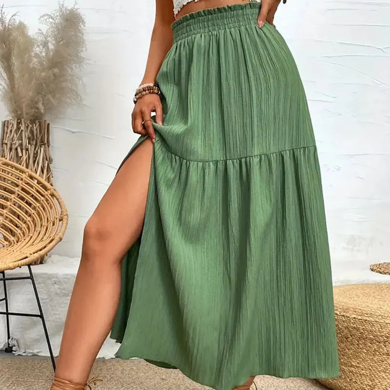 Women Bohemian Midi Skirt™ High Waist Solid A Line Ruffle Side Slit Skirts