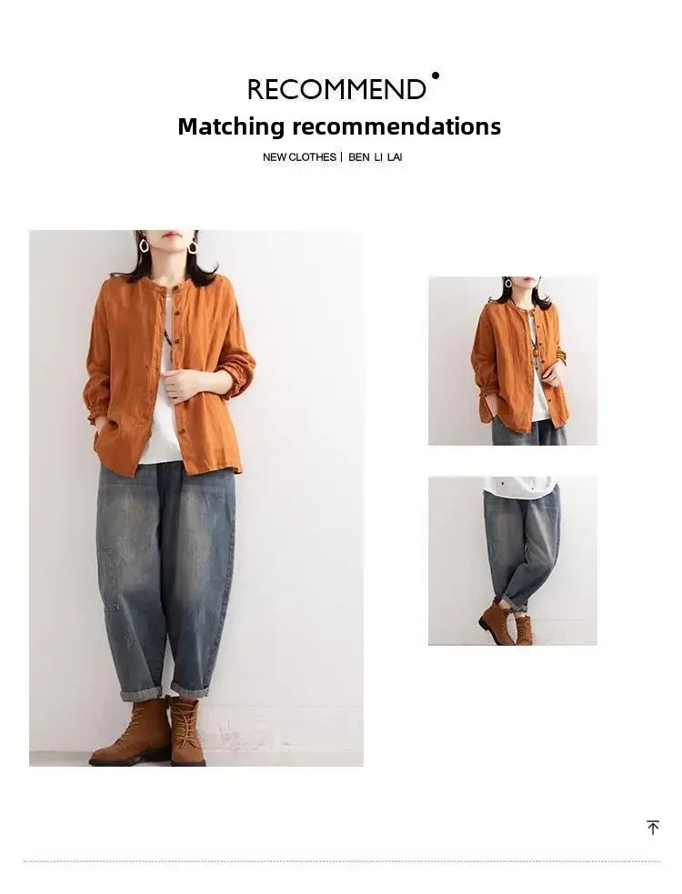 Women's Cotton Linen Shirts™ Loose Fit Round Neck Plus Lantern Sleeve Shirt