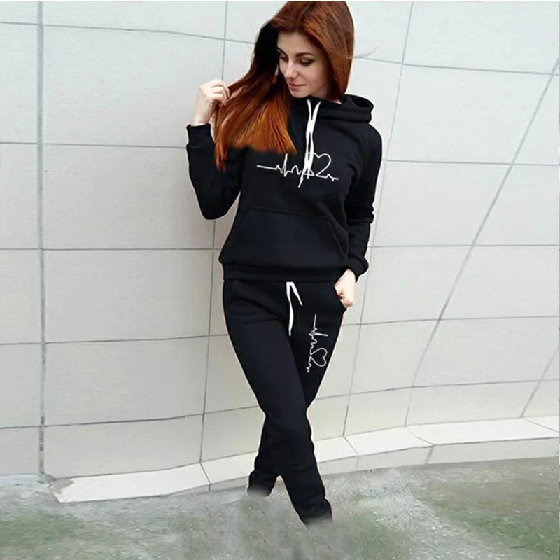 Printed Women's Suit™ Hooded Heartbeat Line Sweatshirt Pants Set